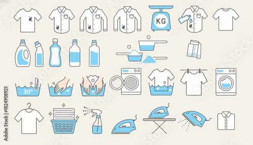 Essential vector line icon set illustrating a comprehensive range of laundry care and household cleaning processes, including washing, drying, and ironing activities for modern applications