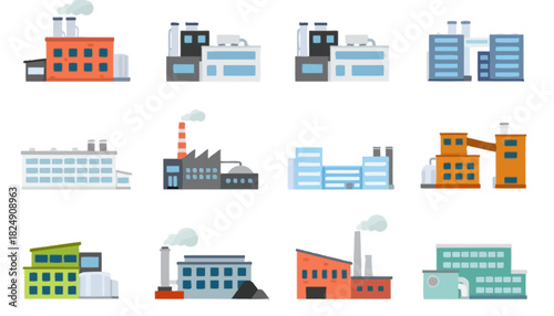 Collection of modern factory buildings with chimneys and industrial elements, depicting manufacturing and production processes in a stylized illustration