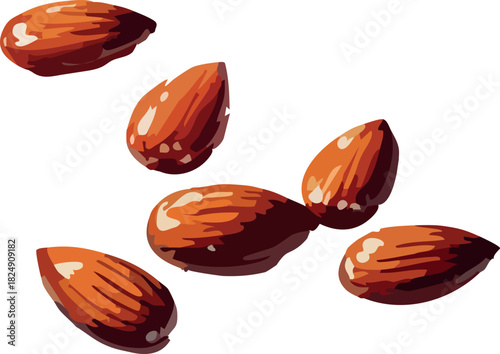 A handful of glossy, roasted almonds is scattered in a simple arrangement, showcasing their warm color and textured surface.