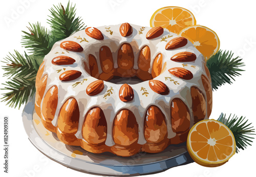 A festive glazed bundt cake topped with whole almonds and golden icing sits decorated with pine branches and fresh orange slices for a warm holiday presentation.