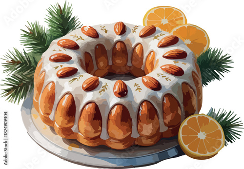 A festive glazed bundt cake topped with whole almonds and golden icing sits decorated with pine branches and fresh orange slices for a warm holiday presentation.