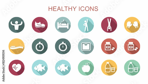 A collection of flat design long shadow icons representing healthy lifestyle, fitness, diet, and wellness concepts for web and mobile applications