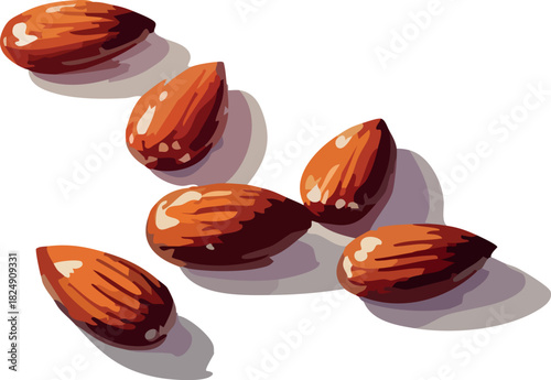 A handful of glossy, textured almonds is illustrated in warm tones with soft shadows, highlighting their natural shape and roasted appeal.