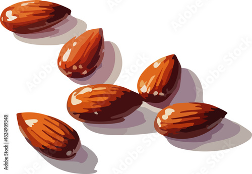 A handful of glossy, textured almonds is illustrated in warm tones with soft shadows, highlighting their natural shape and roasted appeal.