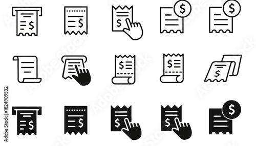 Vector icon set of financial receipts, bills, and payment processing symbols for web and mobile UI design
