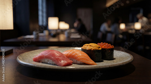 Fototapeta Naklejka Na Ścianę i Meble -  贅沢な夜を彩る、高級和食店の極上寿司盛り合わせ