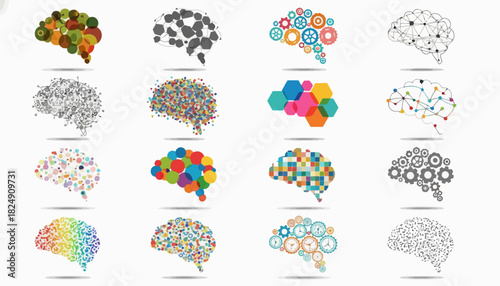Diverse Collection of Abstract Brain Illustrations Representing Intelligence, Creativity, and Innovation in Modern Graphic Design
