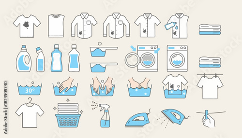 Collection of laundry and cleaning icons representing washing, ironing, and stain removal for household chores