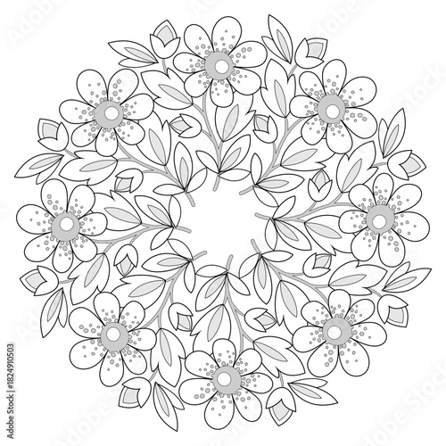 Round bouquet of flowers. Flowers coloring page. Summer floral mandala. Monochrome round plant ornament. Design element of black flowers contour on white background