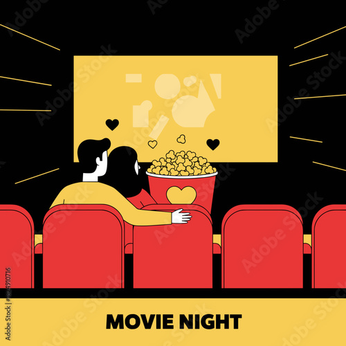 Couple enjoying movie night in theater, sharing popcorn and love, cozy atmosphere