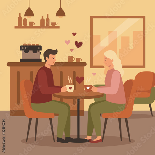 Couple enjoying coffee in cozy cafe, sharing love and conversation, warm atmosphere