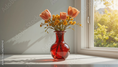 Bouquet of red tulips in a glass vase by sunny window
