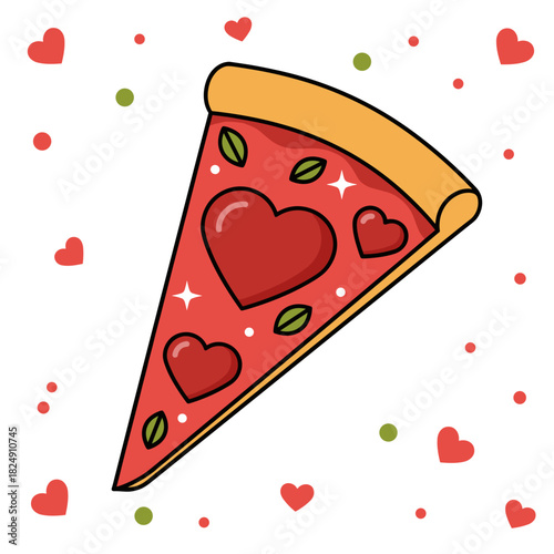 Slice of pizza decorated with hearts and greens, playful representation of love for food