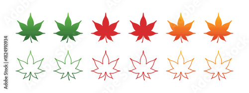 collection of japanese maple leaves set in solid and outline styles with autumn colors green red orange for nature design.