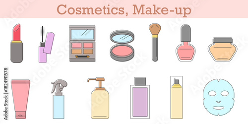 リップ、マスカラ、ファンデーション、アイシャドウなどの化粧品、美容、コスメ、メイク関連のイラストセット（カラー、抜け感）