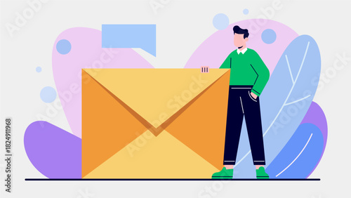 Man Standing Beside Giant Envelope – Email Communication Flat Illustration