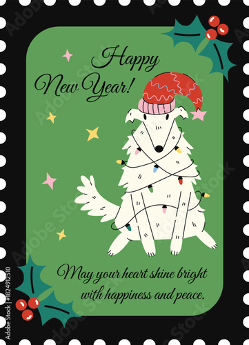 Christmas greeting card designed as a postage stamp with funny Borzoi dog tangled in lights. Vector holiday illustration.