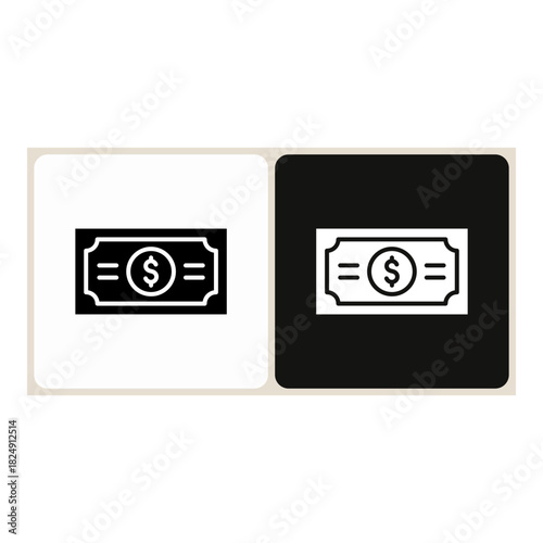 Money  icon in simple outline style, shown in black on white and white on dark.