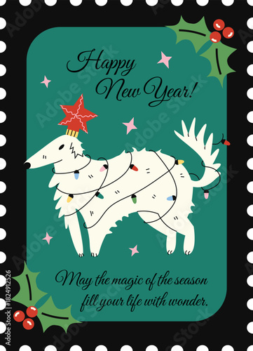Funny Borzoi dog with a star on head tangled in lights. Christmas stamp card on teal background with holly berries, little stars and magical wishes.