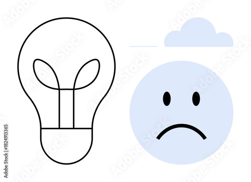 Innovation concept. Depicts a contrast between innovation as a light bulb and sadness conveyed by a sad face and cloud. Innovation tied to emotions, creativity tension, workspace challenges