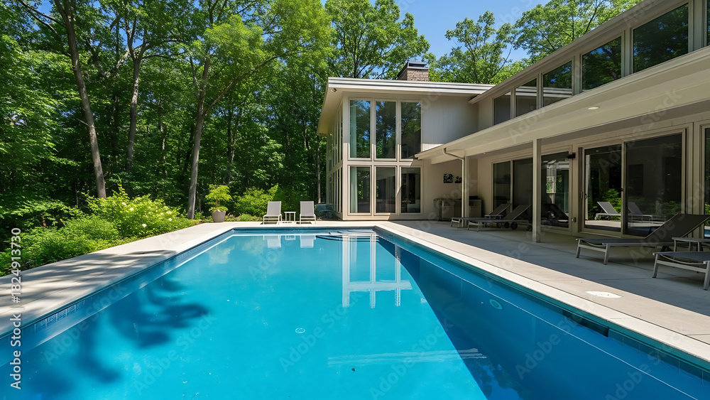 Fototapeta premium Luxury home with swimming pool surrounded by lush greenery on a sunny day