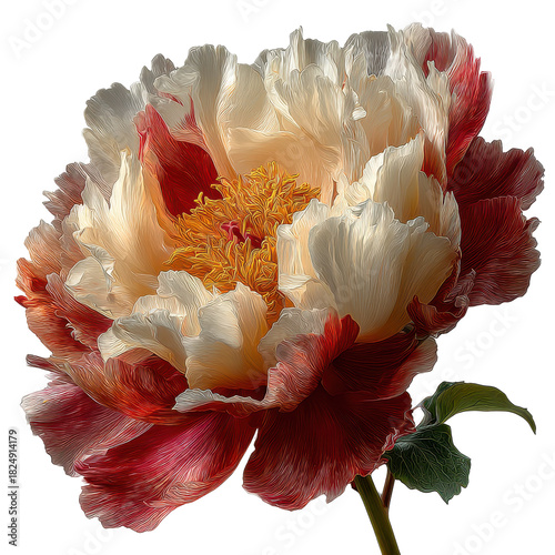 Isolated pink and white Peony flower with yellow stamens and transparent background, vibrant color beautiful bloom single
