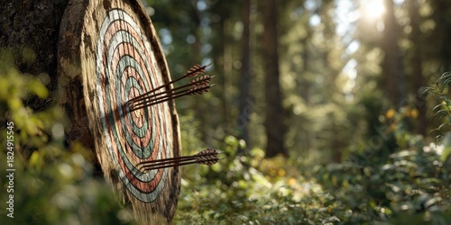 Arrows hitting a wooden target in a sunlit forest, symbolizing success.