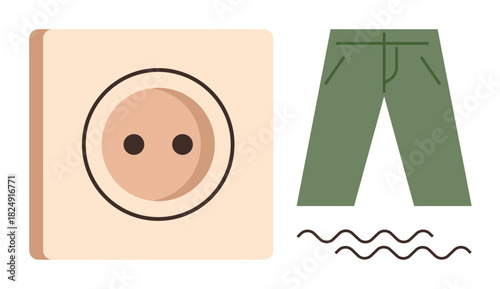 Button alongside green pants and wavy lines symbolizing sewing, tailoring, clothing design, creativity, garment production, textile industry, and style elements. A simple flat metaphor