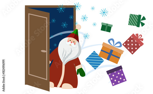 Playful Santa at open door, gifts flying with snowflakes — dynamic Christmas vector for cards, banners, kids’ designs