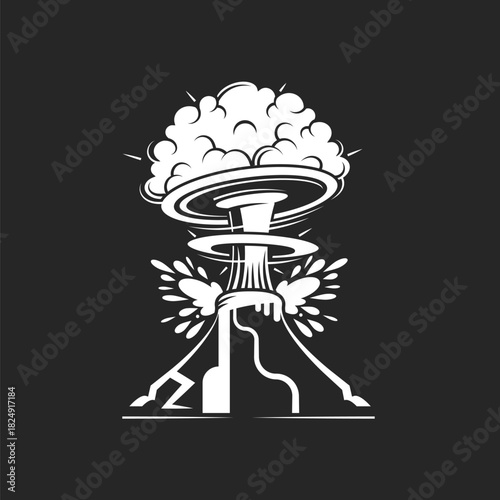 Erupting volcano with lava fountain ejecting from a crater isolated on white background