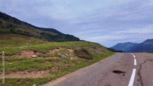 Driving up the Col du Pourtalet, France. Mountain pass in the French Pyrenees massif, symbol of the Tour de France in Bearn, France.