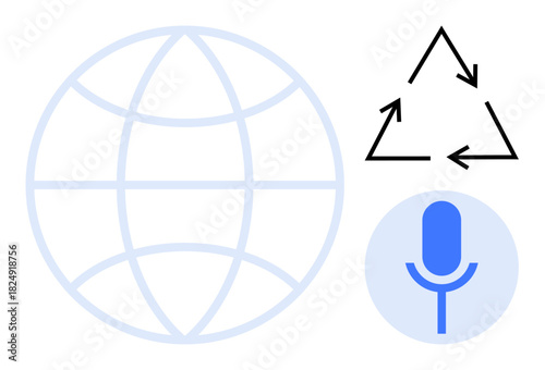 Globe symbolizing global connections, recycling icon representing sustainability, and a microphone icon for voice interaction. Ideal for communication, environment, technology, globalization