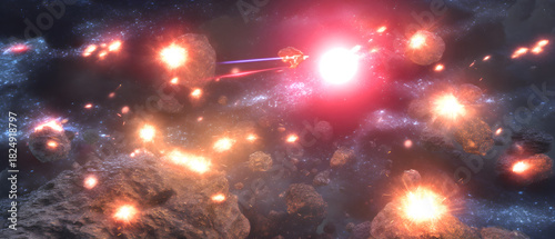 Fototapeta Naklejka Na Ścianę i Meble -  Epic space battle with explosions and distant ships in a nebula