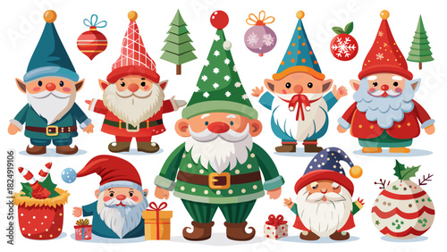 Very beautiful isolated Christmas gnome collection featuring charming holiday gnomes with festive hats, winter patterns, soft textures, and playful seasonal poses, designed in a clean, stock-friendly 