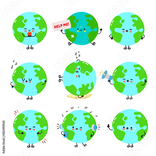 Cute planet Earth character showing various emotions and actions