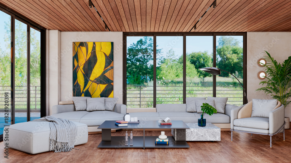 Naklejka premium Large luxury modern bright interiors Living room mockup illustration 3D rendering image