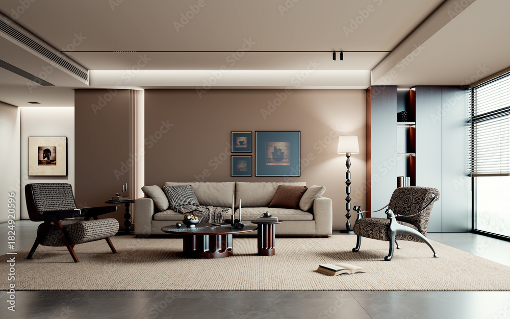 Naklejka premium Large luxury modern bright interiors Living room mockup illustration 3D rendering image