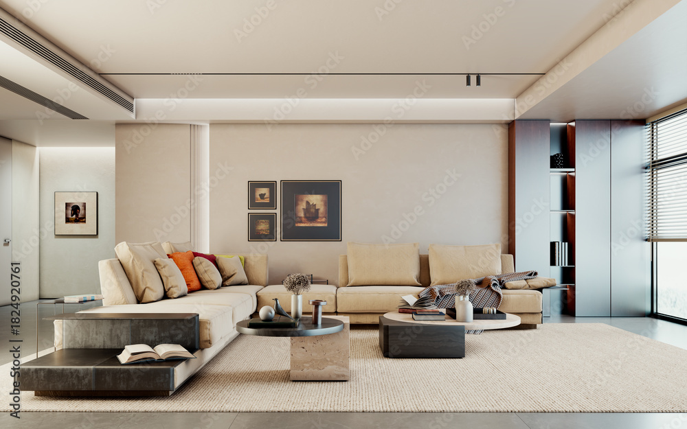 Naklejka premium Large luxury modern bright interiors Living room mockup illustration 3D rendering image