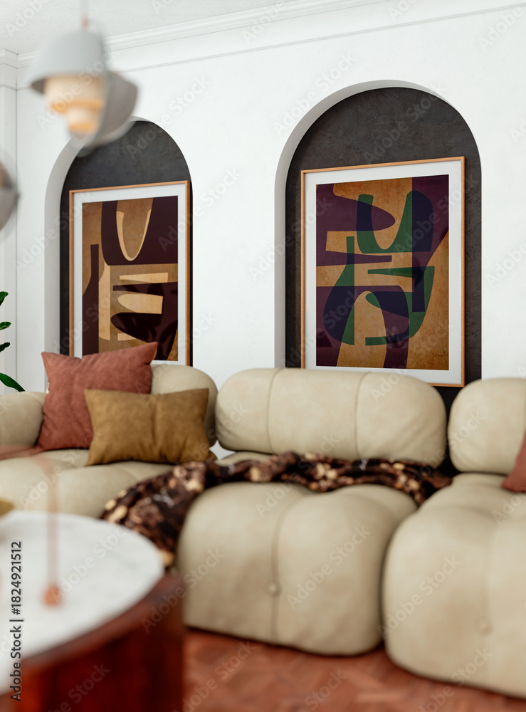 Naklejka premium Large luxury modern bright interiors Living room mockup illustration 3D rendering image