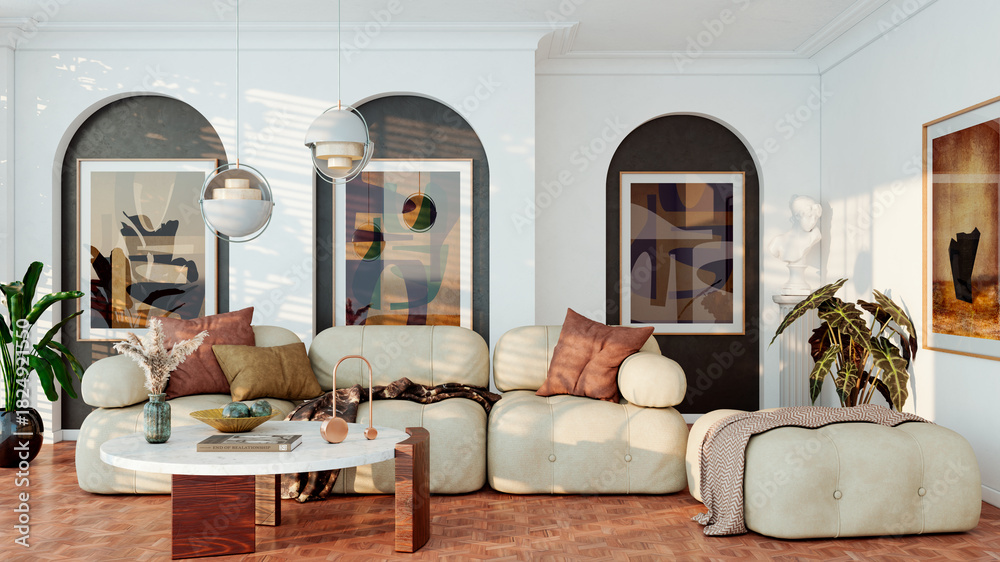 Fototapeta premium Large luxury modern bright interiors Living room mockup illustration 3D rendering image