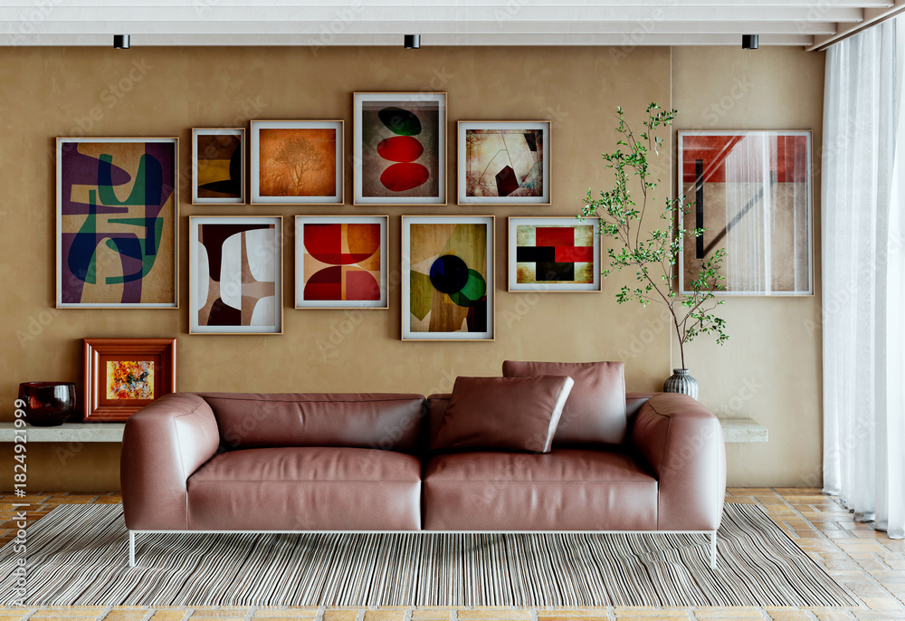 Naklejka premium Large luxury modern bright interiors Living room mockup illustration 3D rendering image