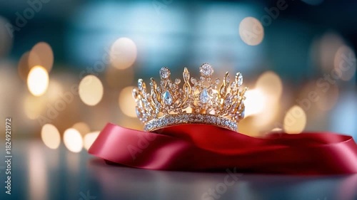 Regal Crown on Red Ribbon: A resplendent golden crown, adorned with dazzling jewels, rests elegantly upon a luxurious red ribbon. Sparkling lights in the backdrop enhance the scene's opulent charm.