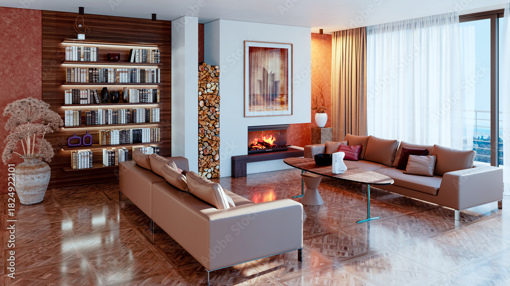 Naklejka premium Large luxury modern bright interiors Living room mockup illustration 3D rendering image