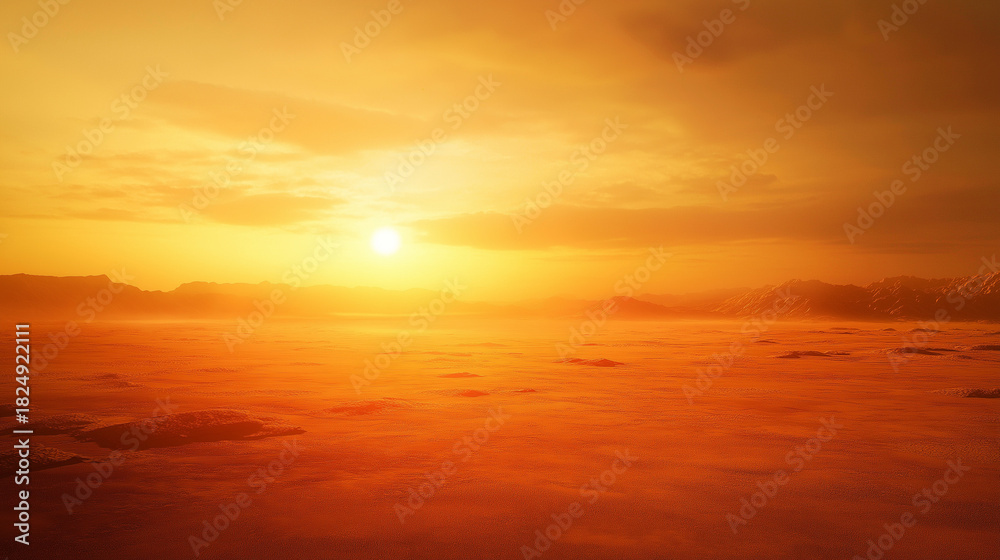 Fototapeta premium Stunning landscape of a golden desert planet with majestic mountains at sunset, a science fiction concept