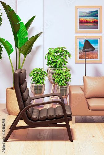 Large luxury modern bright interiors Living room mockup illustration 3D rendering image