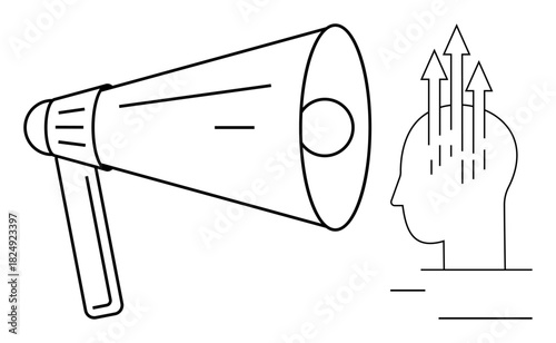 Ideas concept. Ideas ed by arrows emerging from a head outline, amplified by a megaphone. Ideas generation and communication. For creativity, innovation, brainstorming, marketing, public speaking