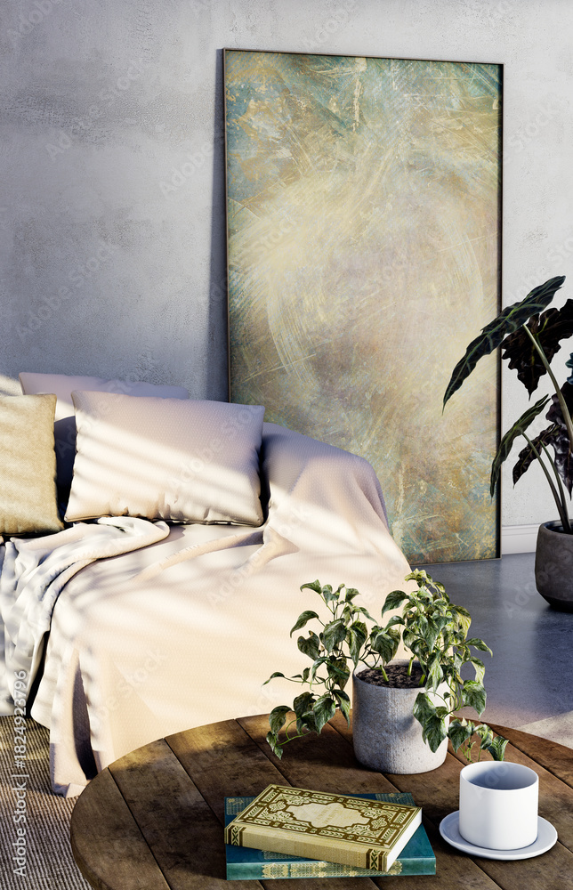 Fototapeta premium Large luxury modern bright interiors Living room mockup illustration 3D rendering image