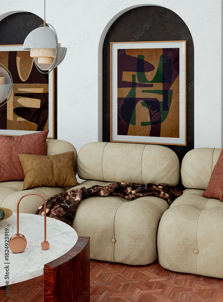 Fototapeta premium Large luxury modern bright interiors Living room mockup illustration 3D rendering image