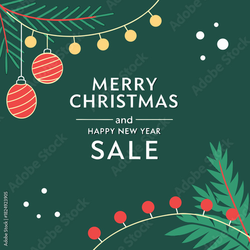vertical Christmas greeting card banner in paper cut style with tree, candy cane, light bulb, ribbon, snow, star, copy space, decoration, typography and festive holiday background template 