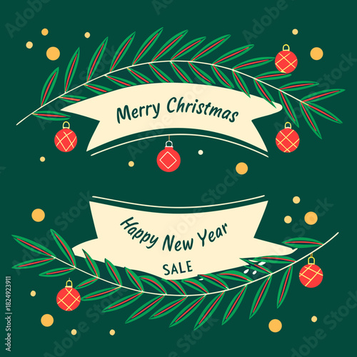 vertical Christmas greeting card banner in paper cut style with tree, candy cane, light bulb, ribbon, snow, star, copy space, decoration, typography and festive holiday background template 